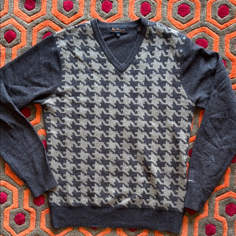 Ben Sherman Brown V-Neck Sweater Houndstooth Dogtooth Pattern Men's Small wool